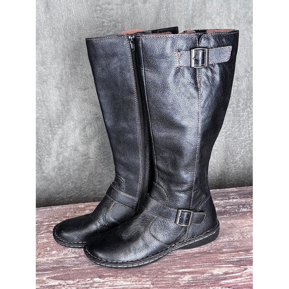 BJORNDAL Benton Black Leather Riding Boots Buckle Detail Knee High Women Size 8M - Picture 1 of 15